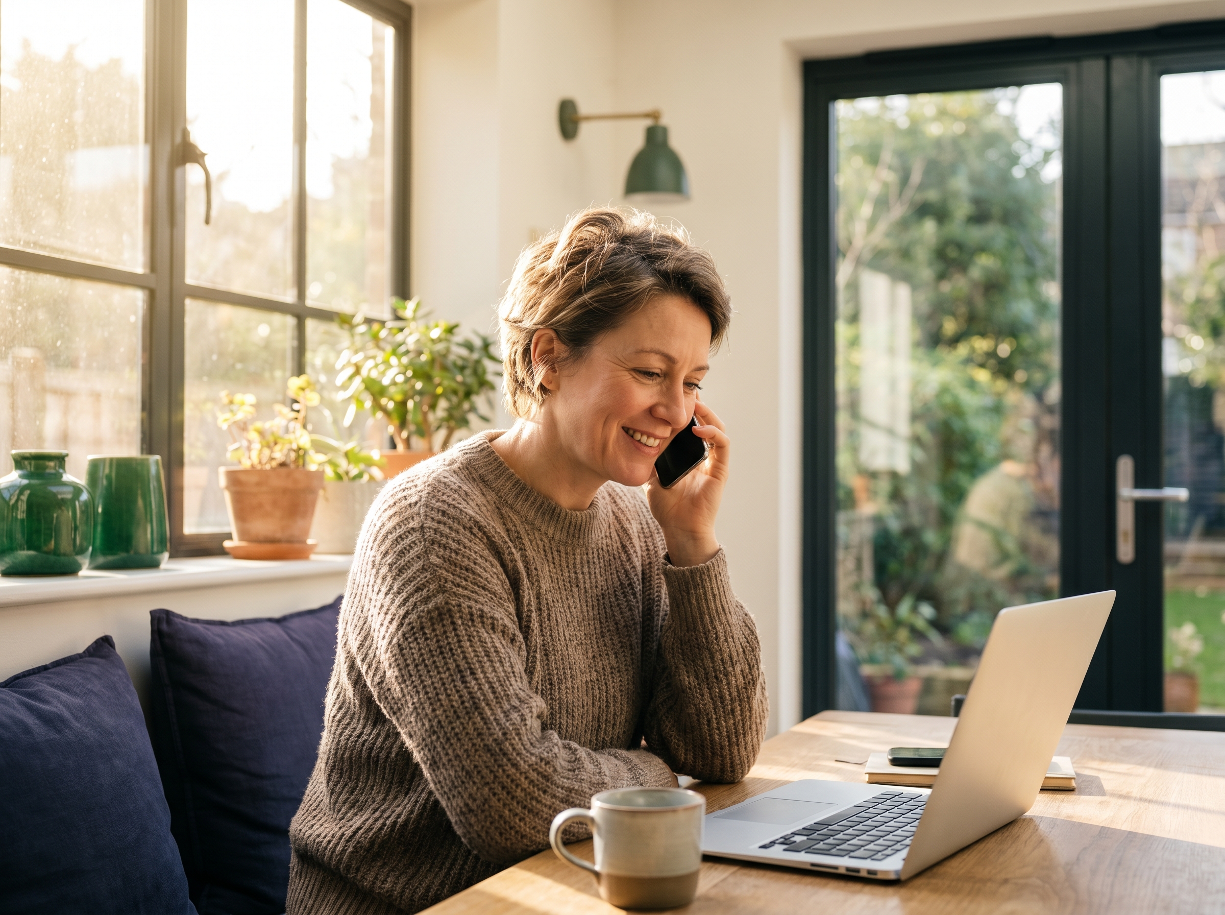 A homeowner at a kitchen table on the phone, a laptop open showing a claim reference.