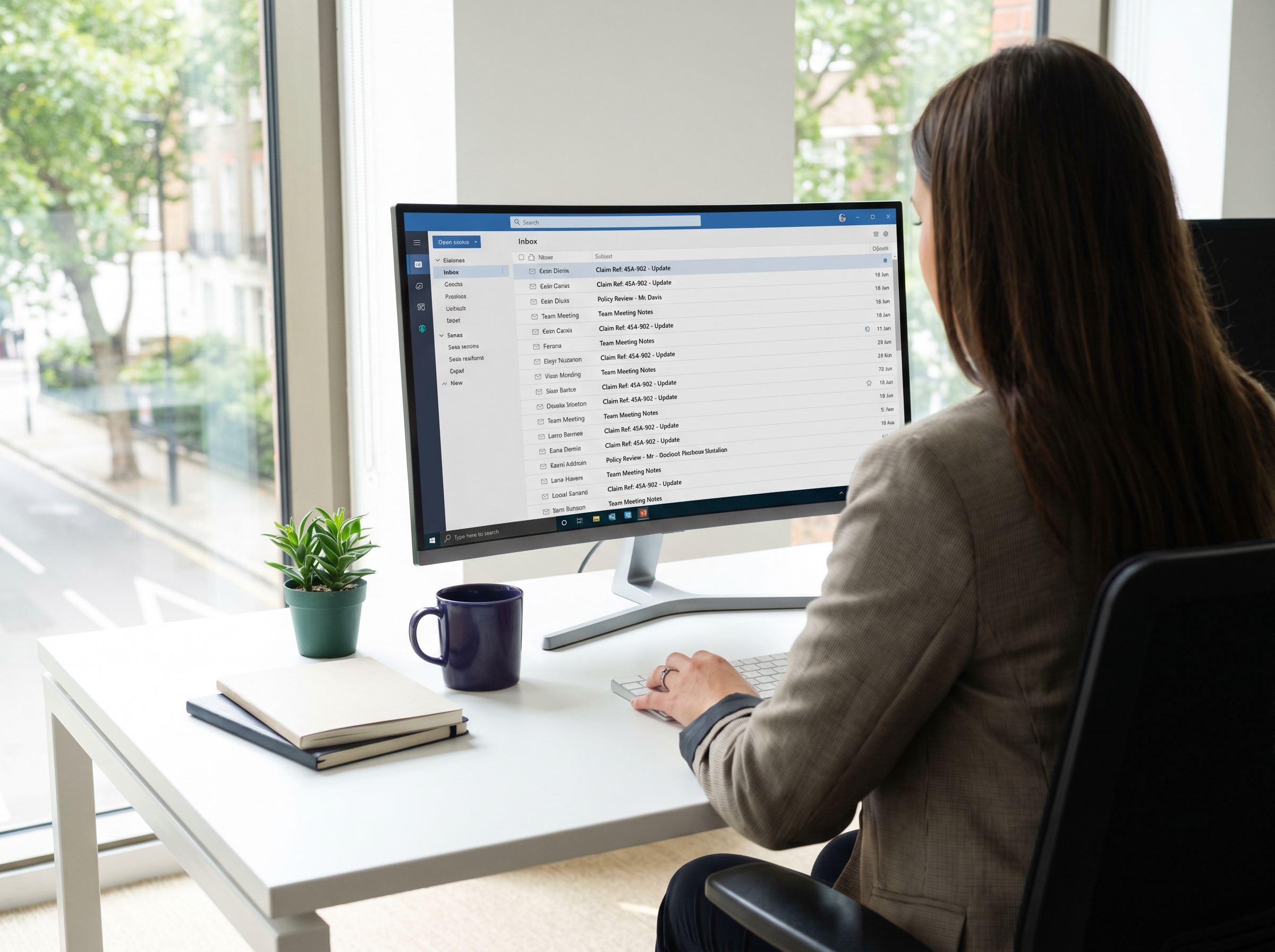 A claims handler's screen showing a sorted inbox of claims correspondence in a UK insurer's office.