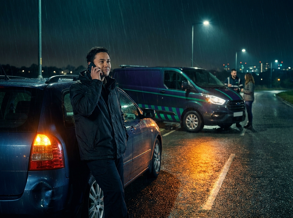 A driver on a rainy roadside at night, phone to ear, hazard lights on behind a dented car.