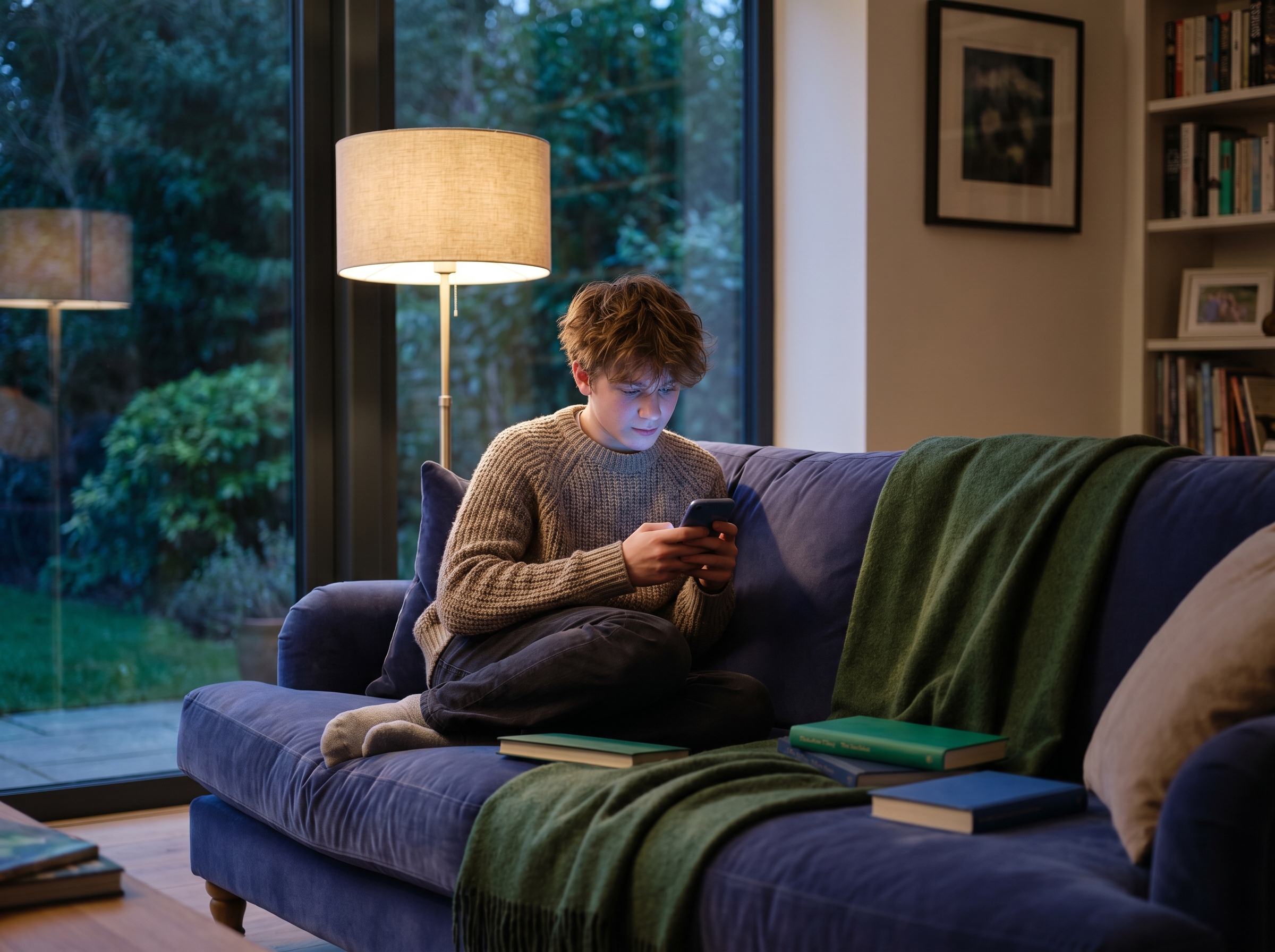 A policyholder typing a message on a phone in the evening, social app open.